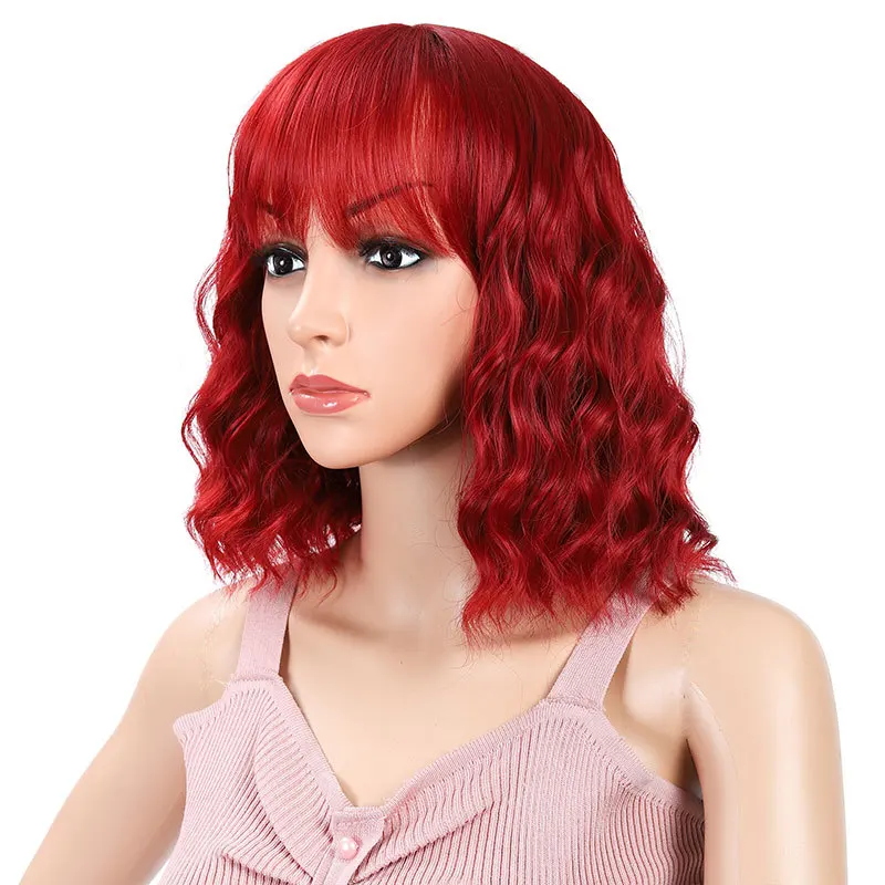 شعر مستعار نسائي قصير أحمر من MSIWIGS صناعي مع غرة على طراز بوب مموج للحفلات