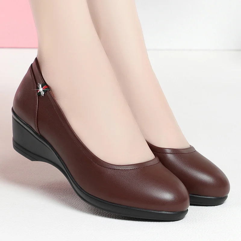 Spring Women Cute Stylish Round Toe Shallow Mouth Black Pu Leather Pumps Casual Comfort Wedge Heel Anti-slip Shoes