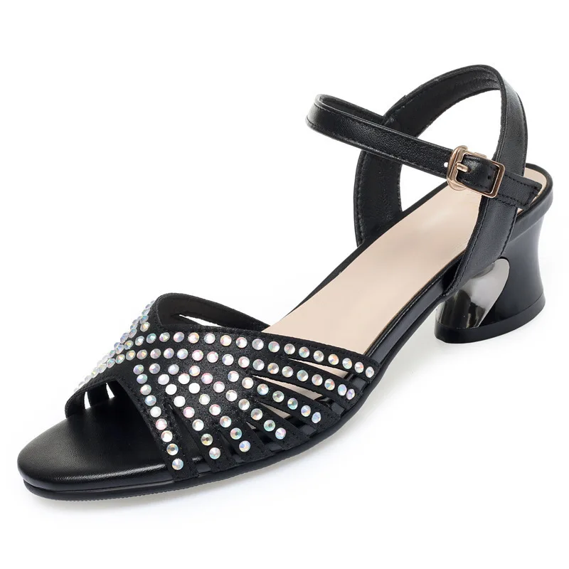 4.5cm Elegant Comfortable Rhinestone Soft Leather Sandals Women Shoes 2026 Summer Block Heel Sandals for Office Daily Mom Work