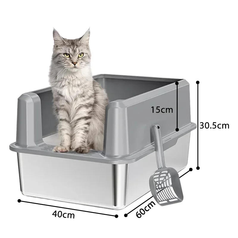 Litter Box Oversized Stainless Steel Open Cat Toilet Anti-Splash Extra Large Cat Poop Basin Cat Litter Box Enclosure