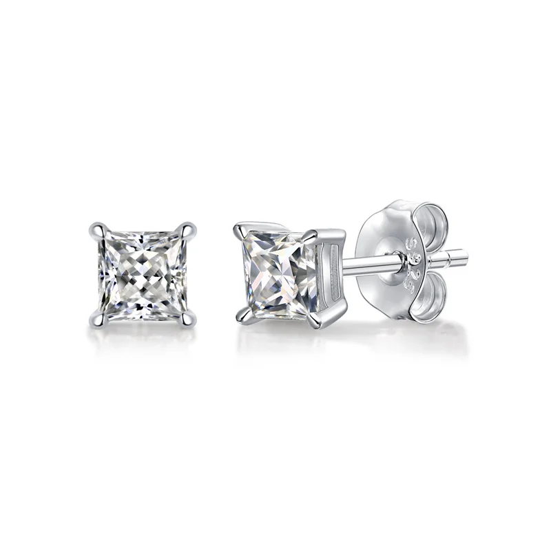 Square Shape Stud Earrings for Women Real Moissante with GRA Certificate 925 Sterling Silver 0.5 Carat Each Birthday Gift