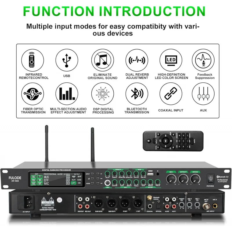 Professional Karaoke Processor KTV Mixer AX-666 Digital Pre-Stage Effector Audio Vocal Effects with Dual Wireless Microphones