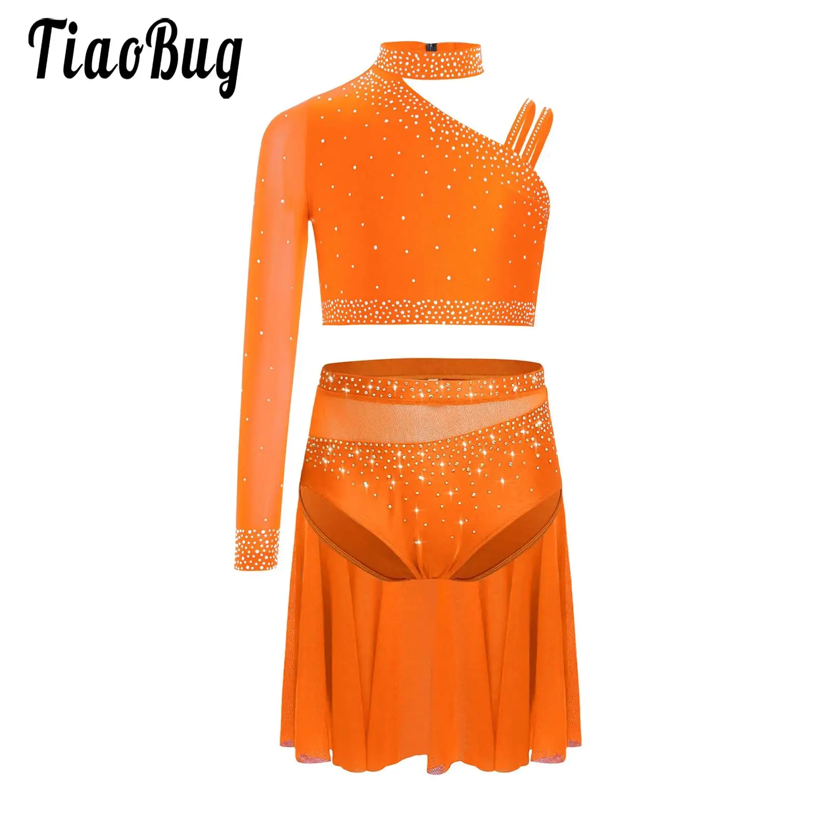 

Girls Lyrical Dance Set Skating Sparkly Rhinestones Performance Costume Unique Irregular Shoulder Crop Top with Sheer Mesh Skirt
