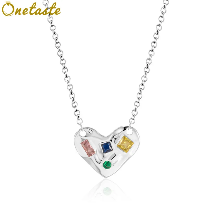 

925 Sterling Silver Colored Cubic Zirconia Heart Charm Pendant Necklace For Women Korean Fashion Stack Dainty Chokers Necklaces