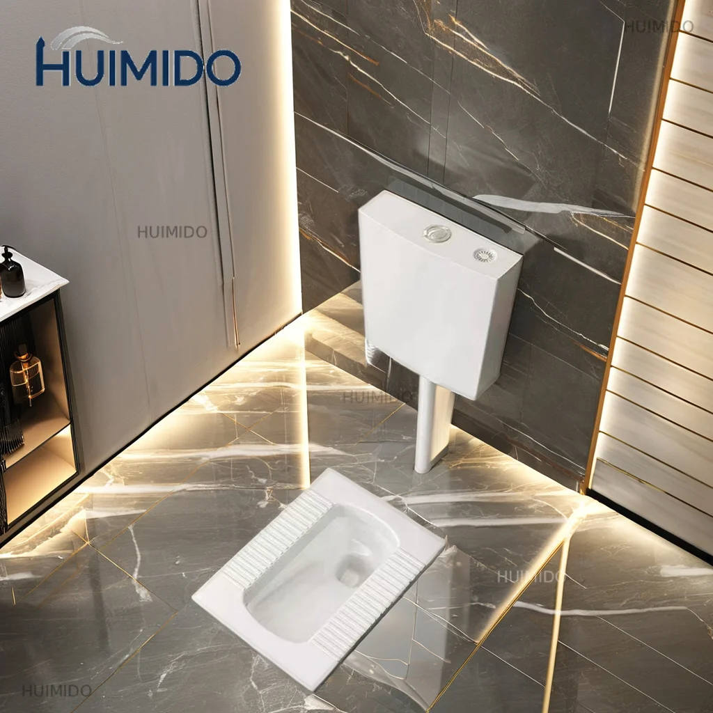 Deodorant Ceramic Squat Toilet with Flushing Tank, Smooth Glaze Water Saving Squat Pan for Bathroom Stain Resistant Easy Clean