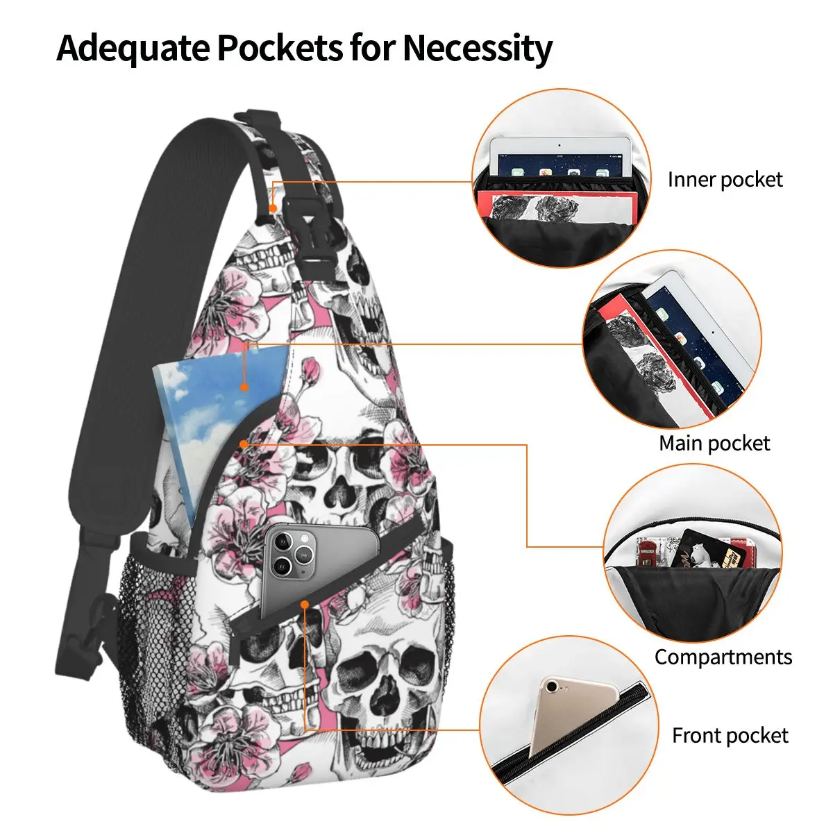 Floral Skull Sling Bag Chest Crossbody Shoulder Sling Backpack Outdoor Hiking Daypacks Pink Cherry Printed Bookbag