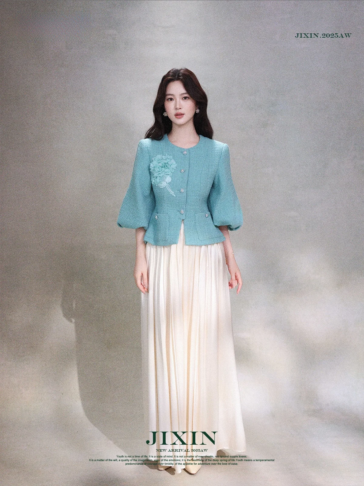 

Slimming Effect Woolen Trench Coat with Embroidery And Lantern Sves in Lake Blue for Women Autumn Winter Faion Sle