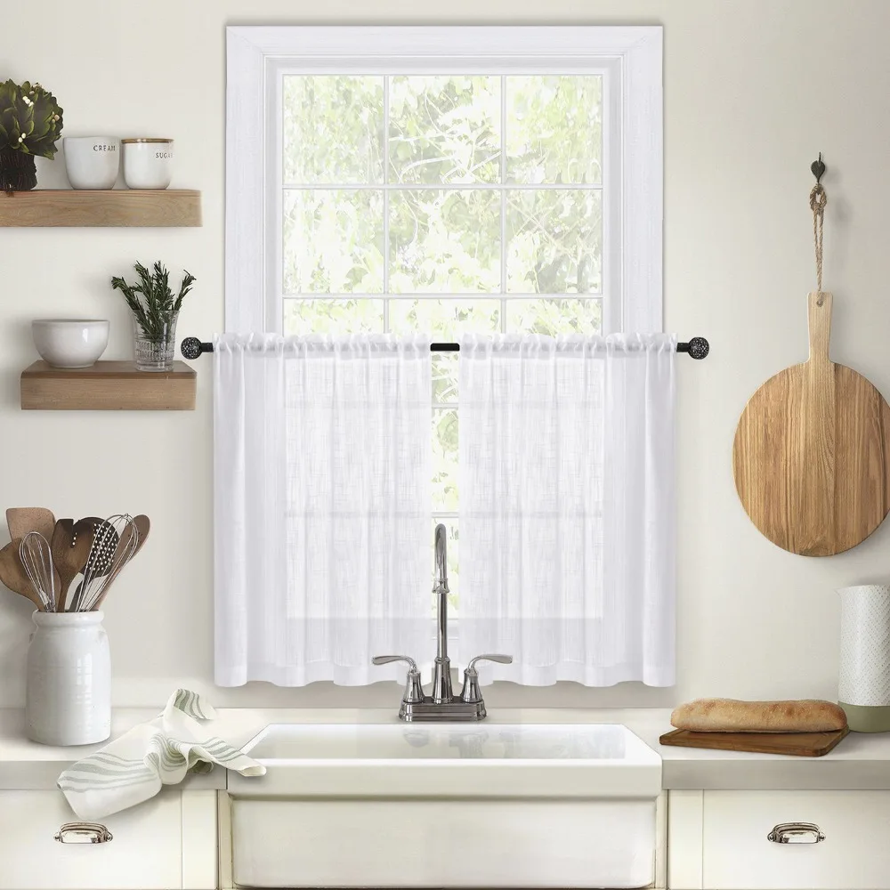 

2PCS Through-shaft Type Linen Textured Kitchen Short Curtain Light Filtering Semi Transparent Short Sheer Curtains Solid Color