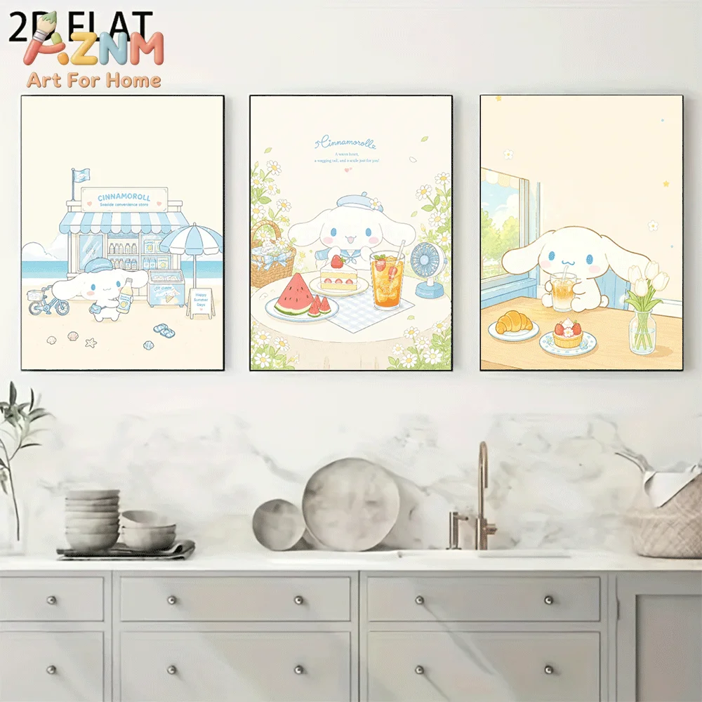 AZNM Cinnamoroll Canvas Wall Art Unframed Cute Cartoon Print Poster Beach Snack Shop Watermelon Juice Croissant Tulip Flower Sum