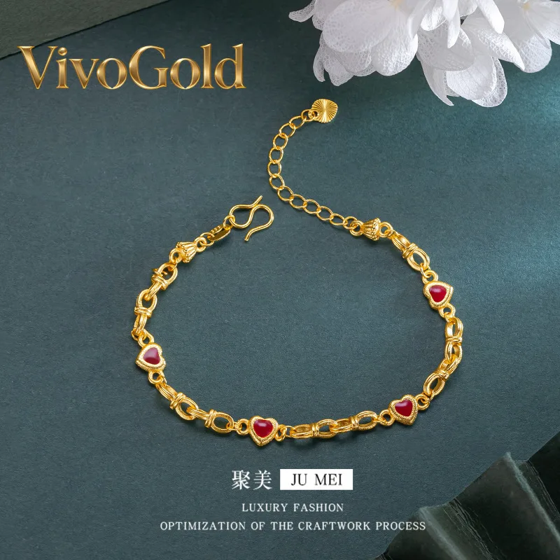 

Браслет VivoGold 9999 Burning Blue Heart Ting with You из 24-каратного настоящего золота, в ретро-стиле, универсальный, с белыми и красными сердечками, для женщин