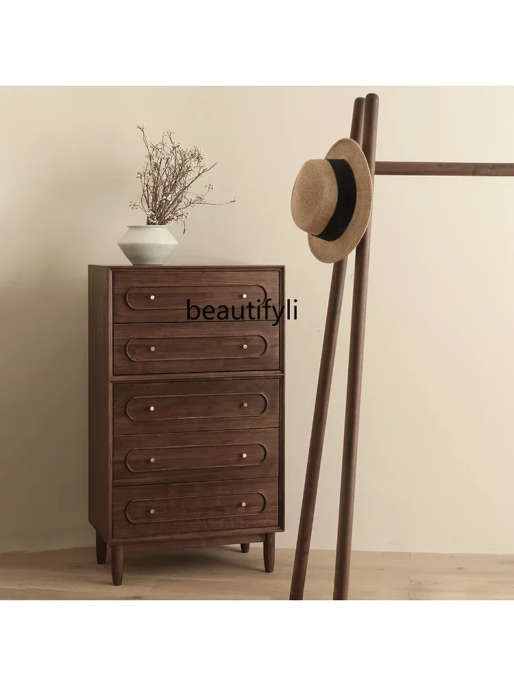 

2003 Retro Black Walnut Five-Drawer Wooden Chest of Drawers Pure Solid Wood Storage Cabinet