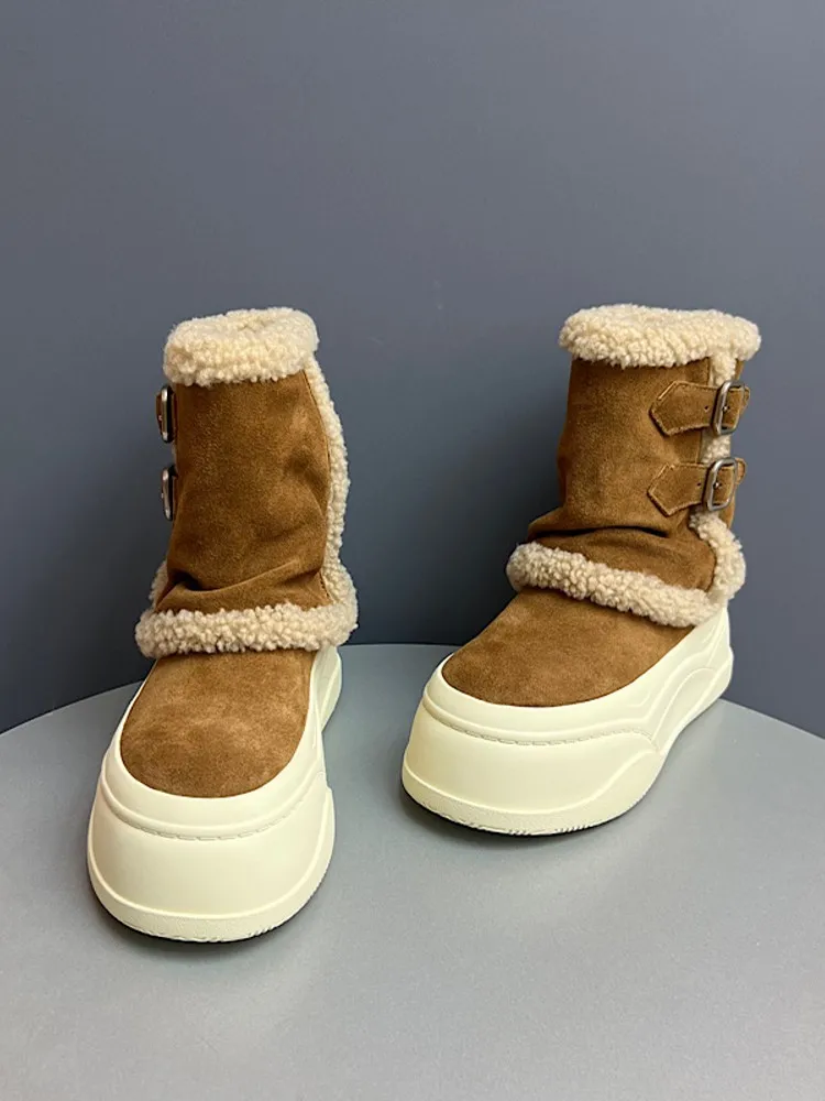 Winter Casual Female Buckle Warm Fleece Lining Snow Boots Thick Platform Comfortable Cow Suede Leather Lady Ankle Antiskid Boots