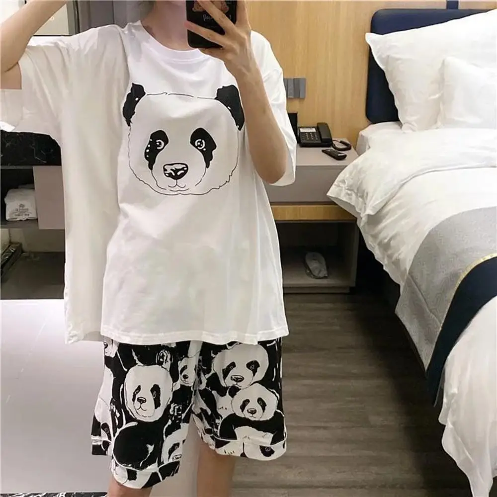 Plus Size 5XL 150KG Letnie zestawy piżam O Neck Damskie topy z krótkim rękawem i szorty O Neck Homewear Cartoon Pyjama Sleepwear Set