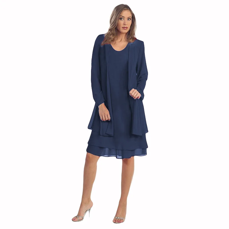 2-delige chiffon jurk set vrouwen casual lange mouw effen vest jurk elegante bruiloft avond feestjurken kleding vestidos