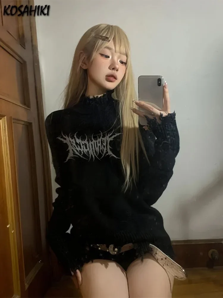 Ripped Tassel O-neck Pullover Women 2024 Autumn Black Letter Sweater Y2k Aesthetic Knitted Jumper Fashion Vintage Grunge Sueter