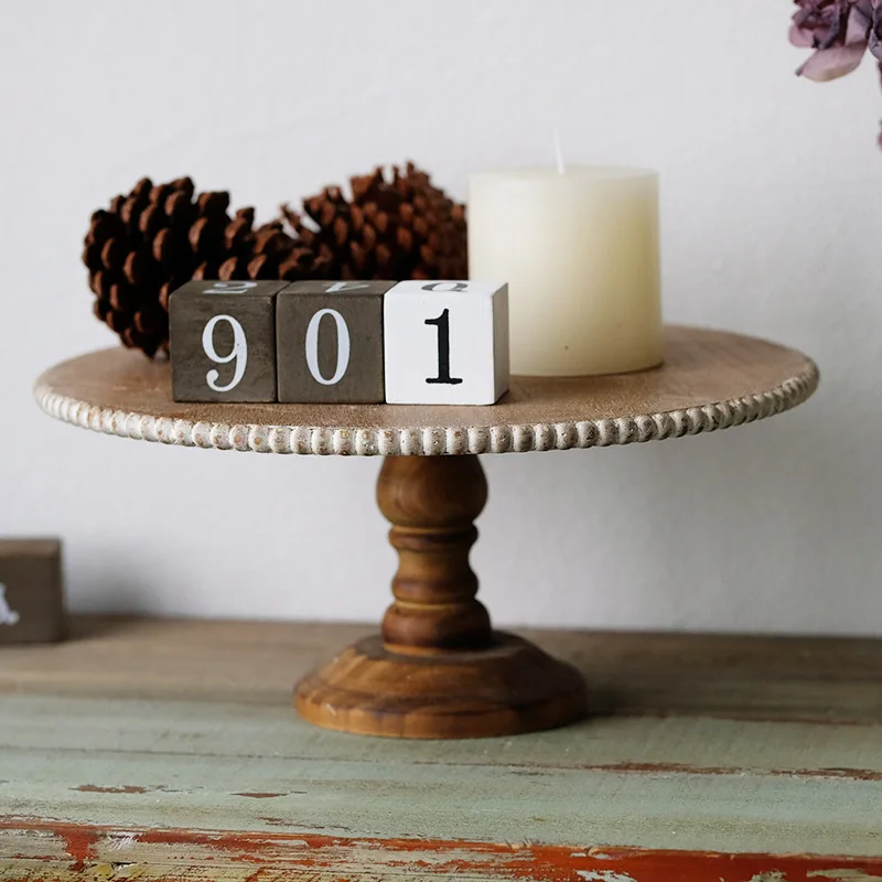 White Beaded 8 Inch Round Wood Pedestal Cake Stand Cake Rack Woodden Bread Tray Farmhouse Display Stands for Coffee Bar Kitchen