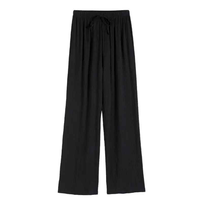 Trendy Pleated Ice Silk Wide Leg Pants for Women Summer Thin Casual Drawstring High Waisted Drape Loose Straight Trousers