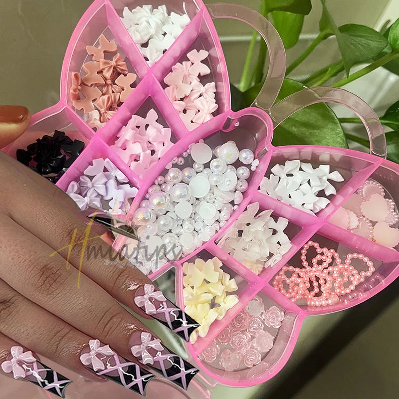 1Box pink Ribbon Resin Bow Nail Charm 3D Rhinestone Nail Art Decoration Accessories Supplies for DIY Korean Manicure Design