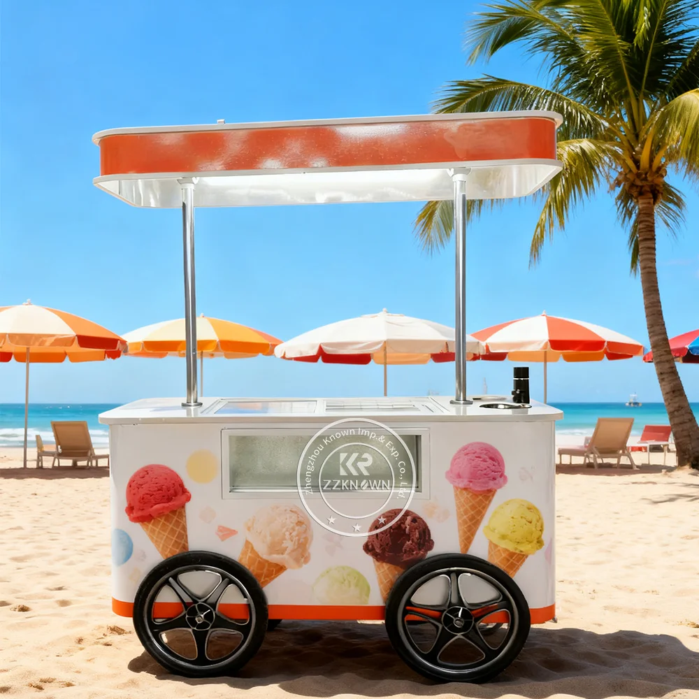 Custom Refrigerated Tricycle Ice Cream Cart Modern Mobile Beverage and Ice Cream Cart with Double Door Freezer Refrigerator