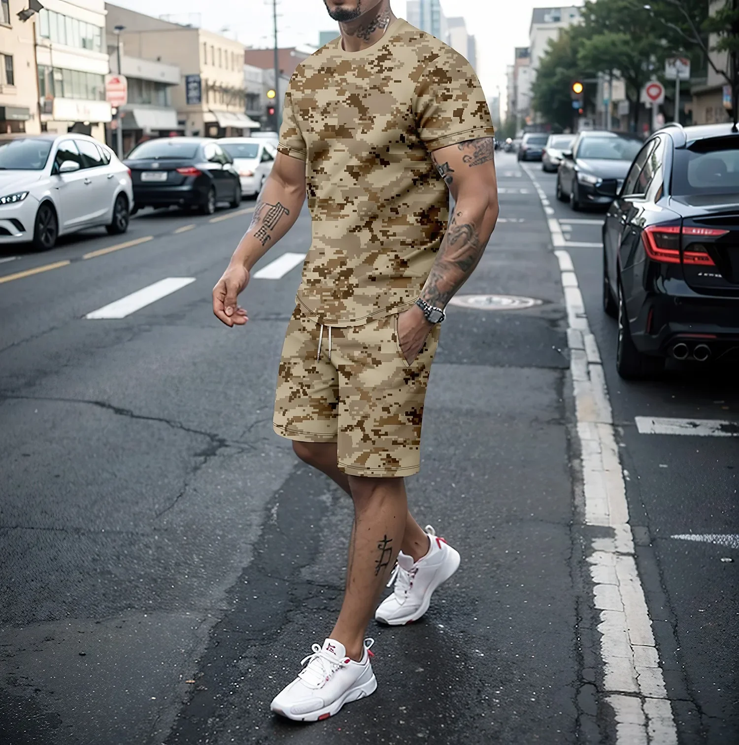 Homens camuflados com 2 peças de manga curta, shorts casuais de corrida, roupas de viagem ao ar livre, roupas 3D, novo, 2024