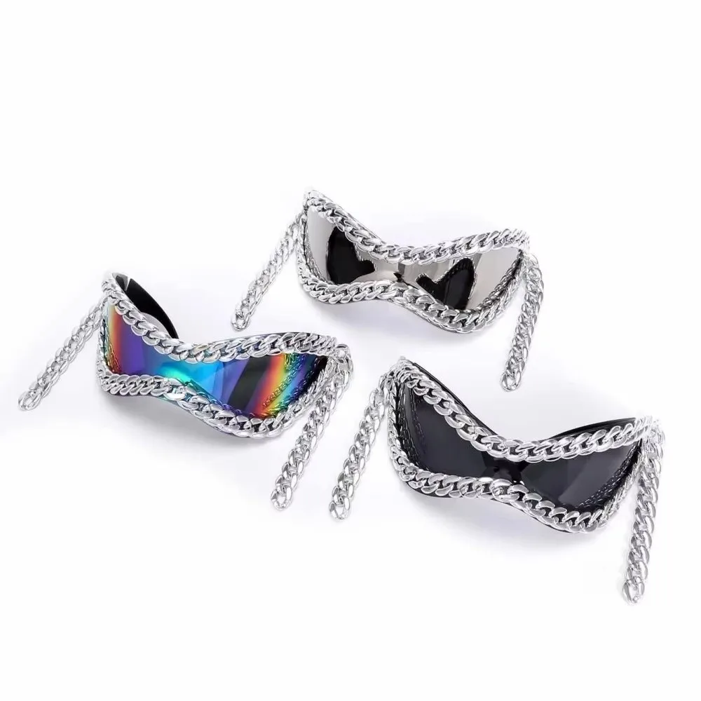 

Luxury Metal Chain Frame Sunglasses Large Frame Cool Style UV400 Lenses Eyewear All Matching Metal Chain Decoration Punk Glasses