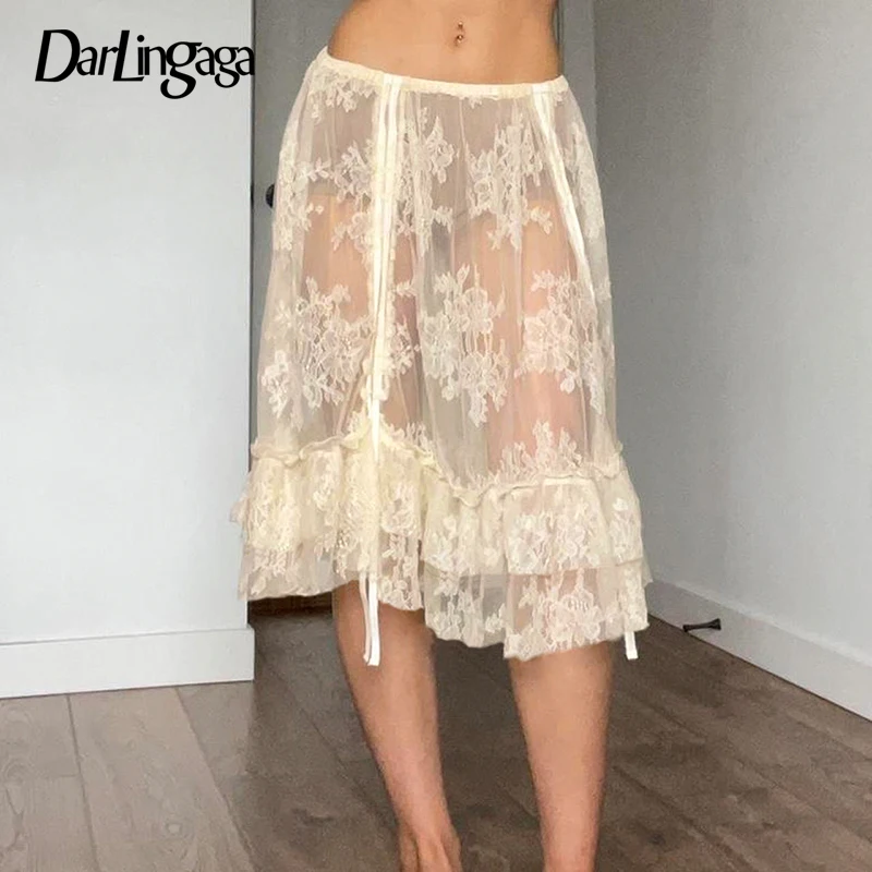 

Darlingaga Fashion Sexy Loose Party Lace Skirt Female Drawstring Ruffles See Through Thin Summer Mini Skirt Clubwear Outfits New