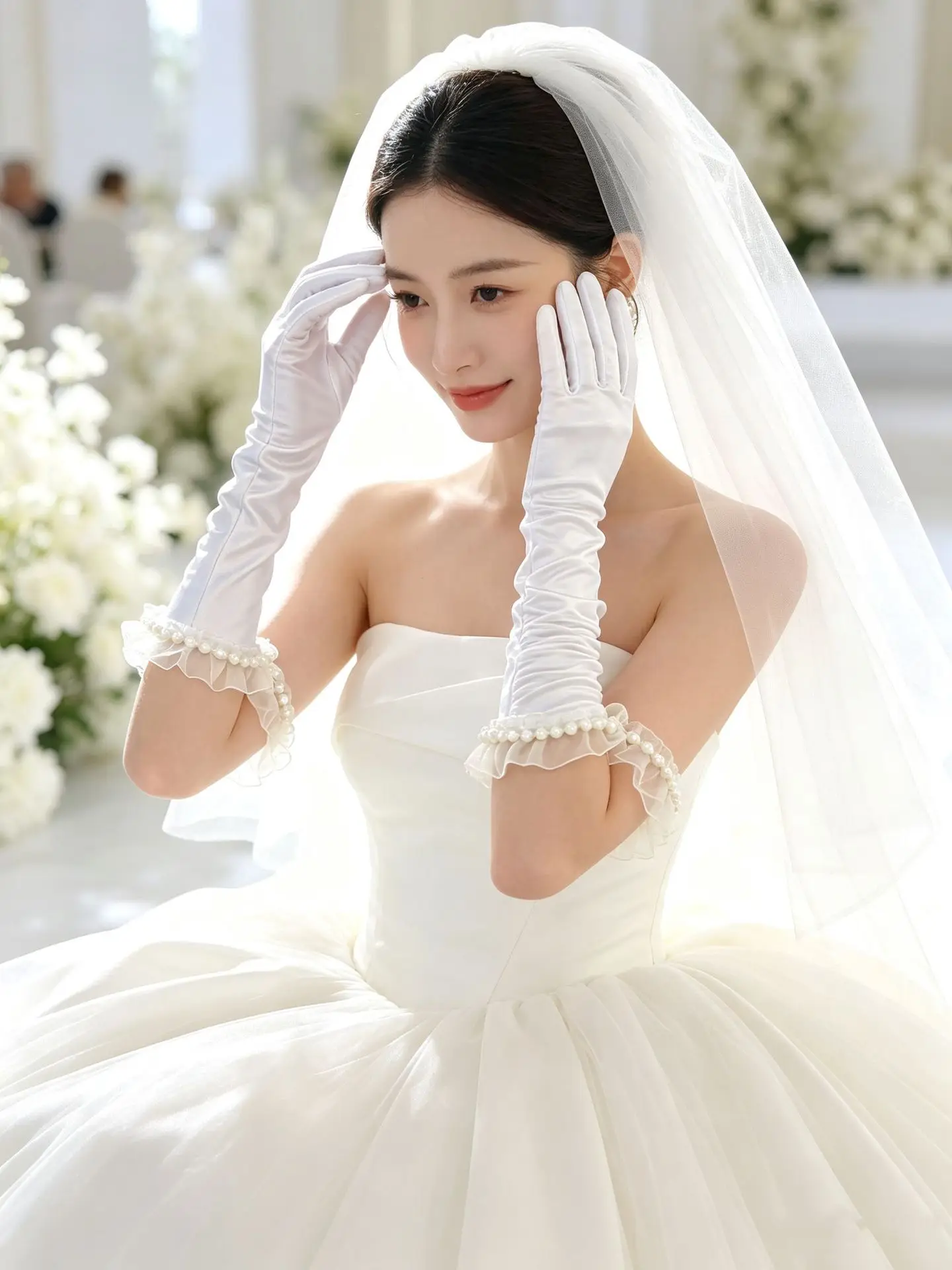 Bridal Gloves Long Satin Faux Pearl Lace Trim White Ivory Elegant Comfortable Breathable Lightweight for Wedding Women Photo
