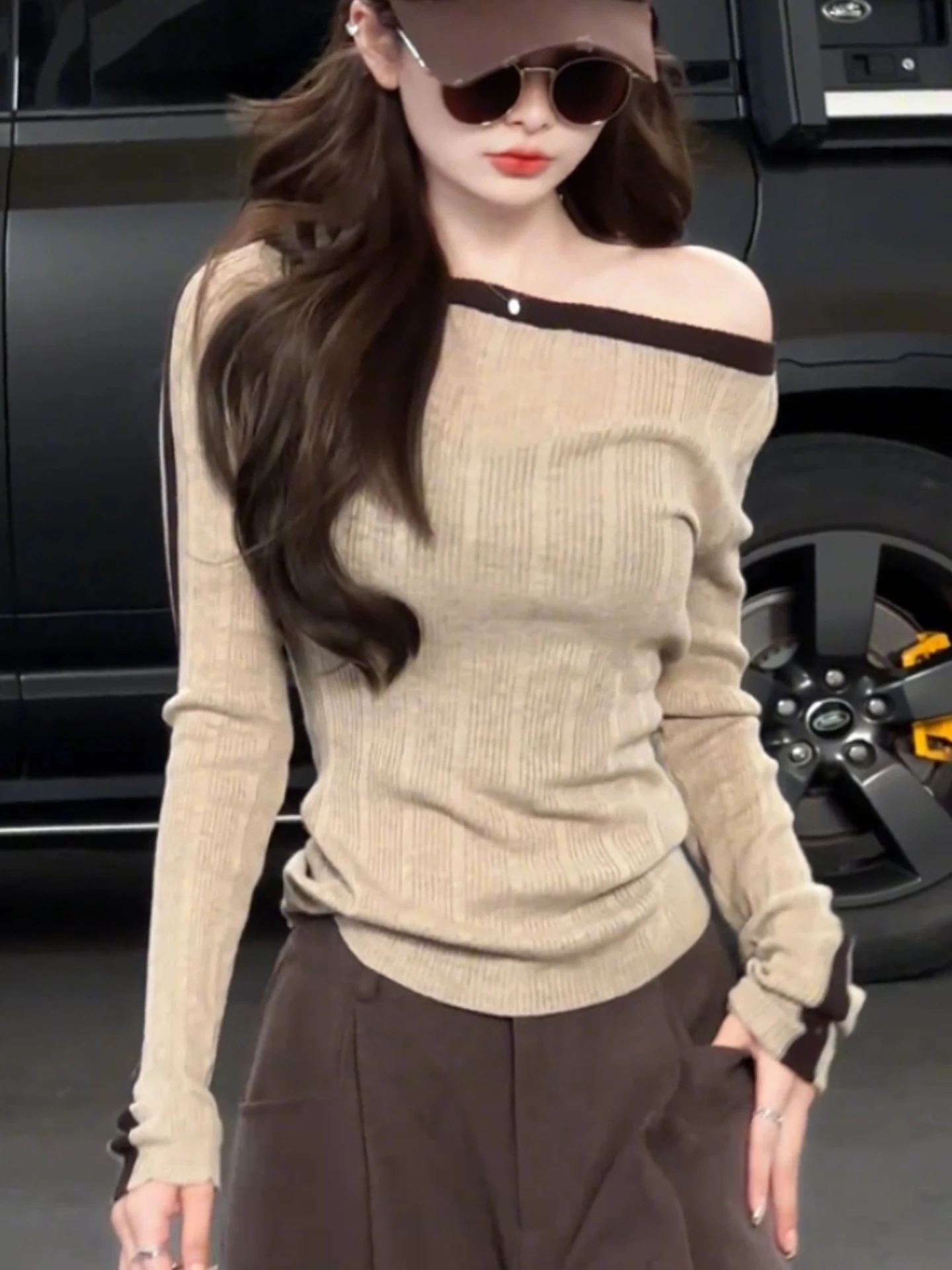 快適なニットのロング丈セーター、トレンディなヴィンテージ風、ファッショナブルな秋のトップス、スリムなベースレイヤー、通勤に最適...