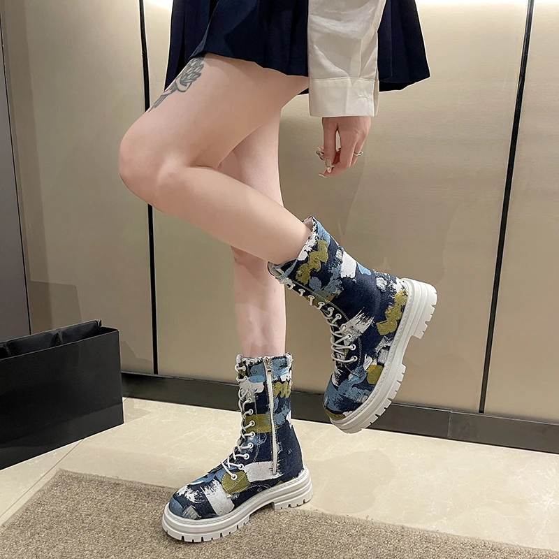 Autumn Camouflage Ladies Mid Calf Boots Women Winter Canvas Sneakers Fashion High Tube Breathable Thick Soled Locomotive Booties