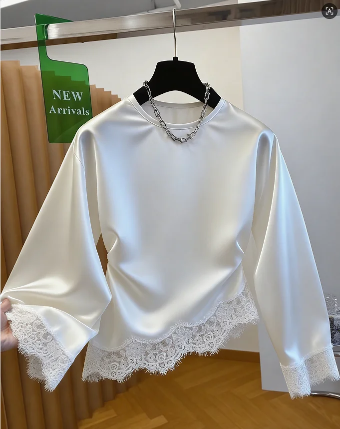 

Elegant Satin Lace Patchwork Women's Top O-neck Loose Long Sleeves Female Shirt 2026 Spring Autumn Chic Lady Streetwear