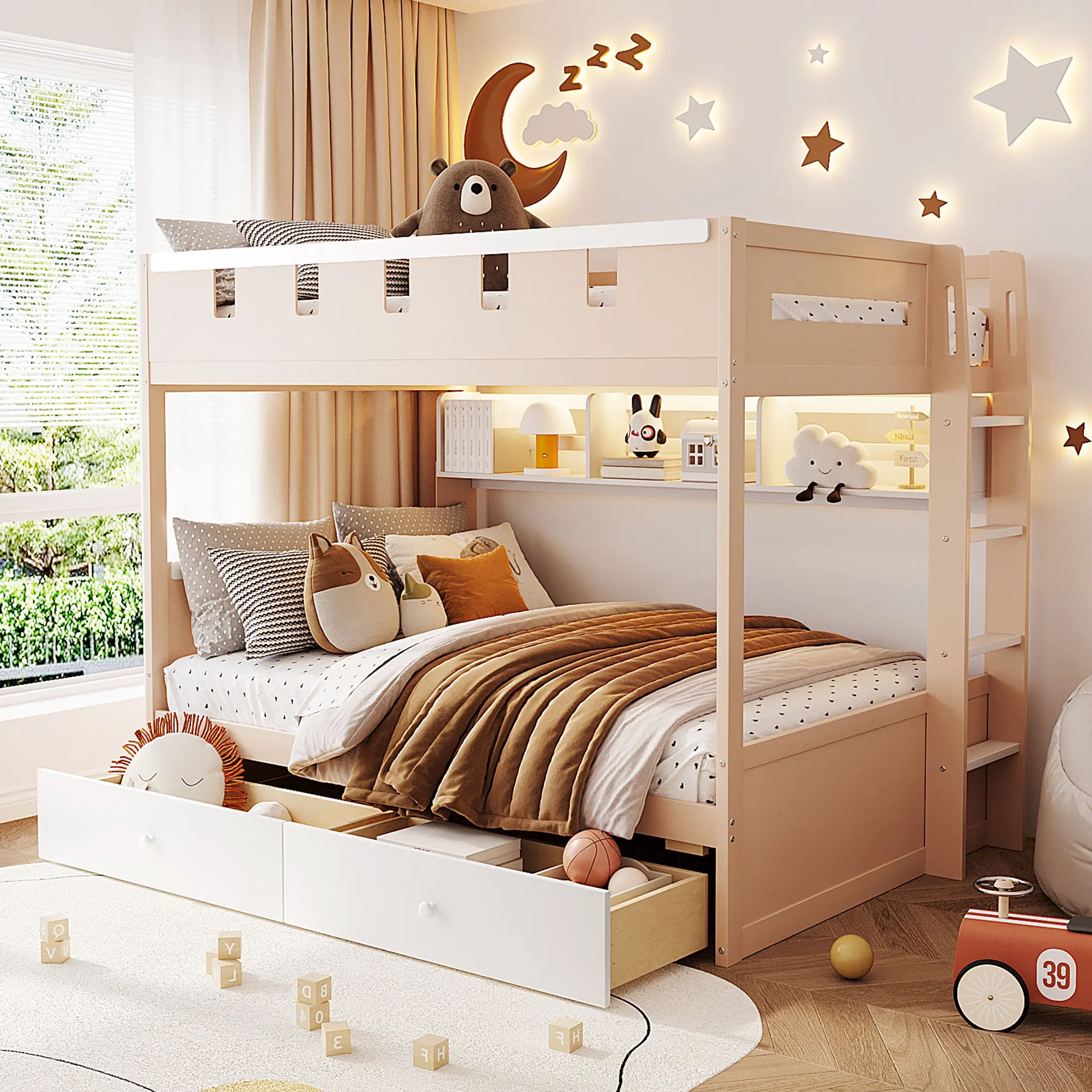 ！@Full Size Castle Style Modern Bunk Bed with 2 Drawers & Shelf LED for Bedroom