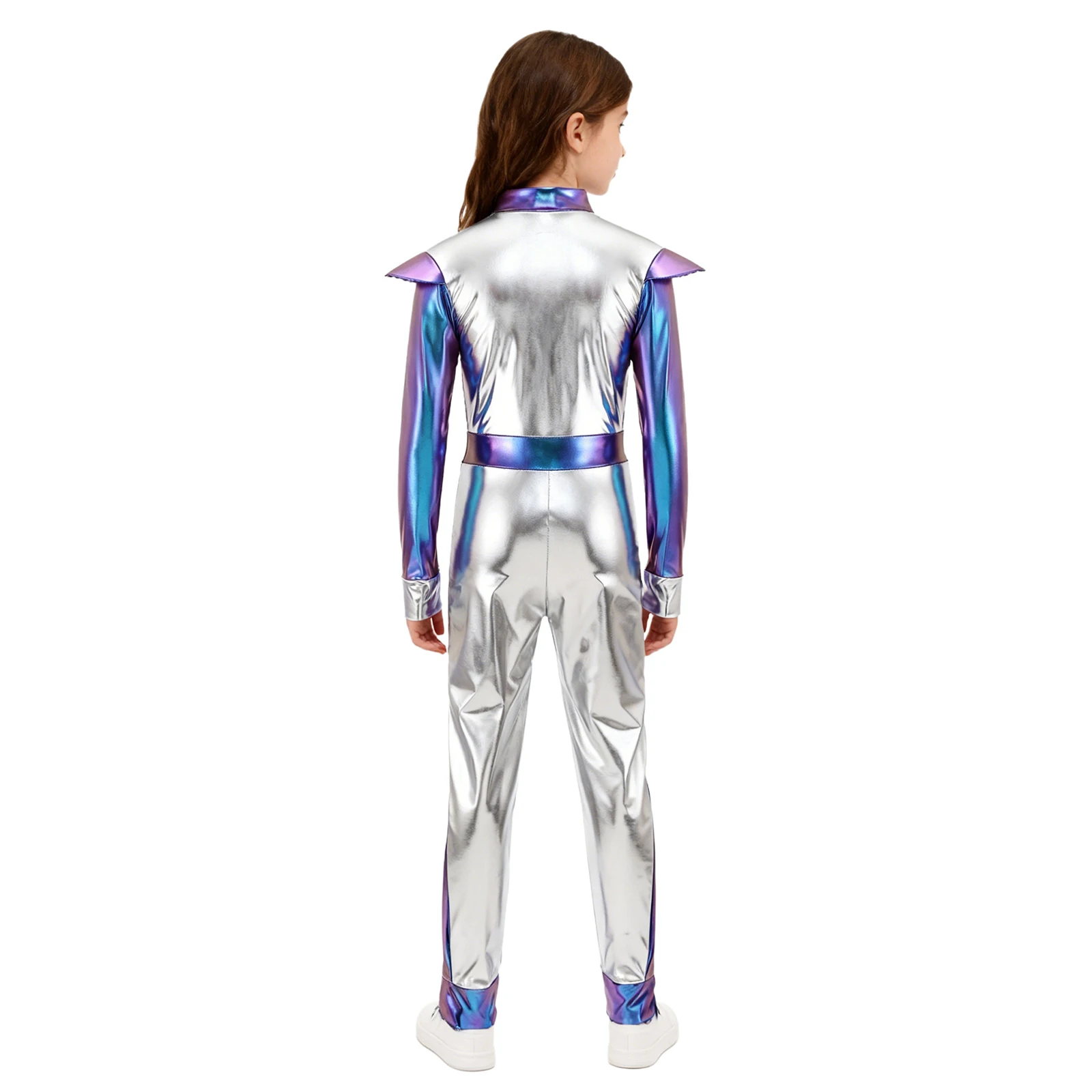 Kids Girls Jumpsuit Children Outer Space Robot Alien Costume Halloween Fancy Cosplay Costume Bodysuit Metallic Carnival Outfit