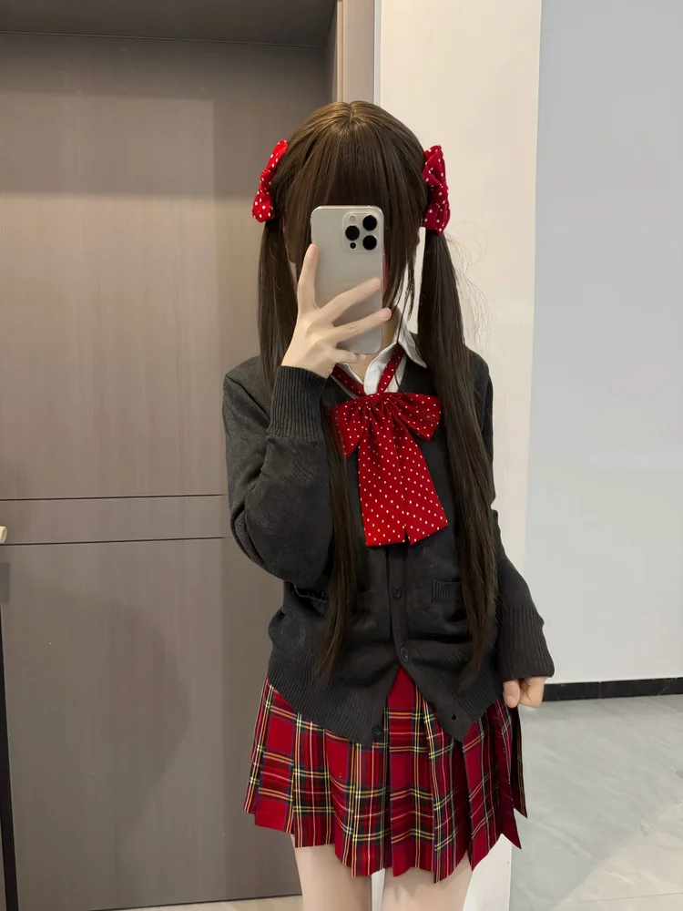 

College Sle JK orm Bla Knitted Sweater Top Women's Pepper Plaid Skirt Set Four Piece Set Warmth Faion School O...