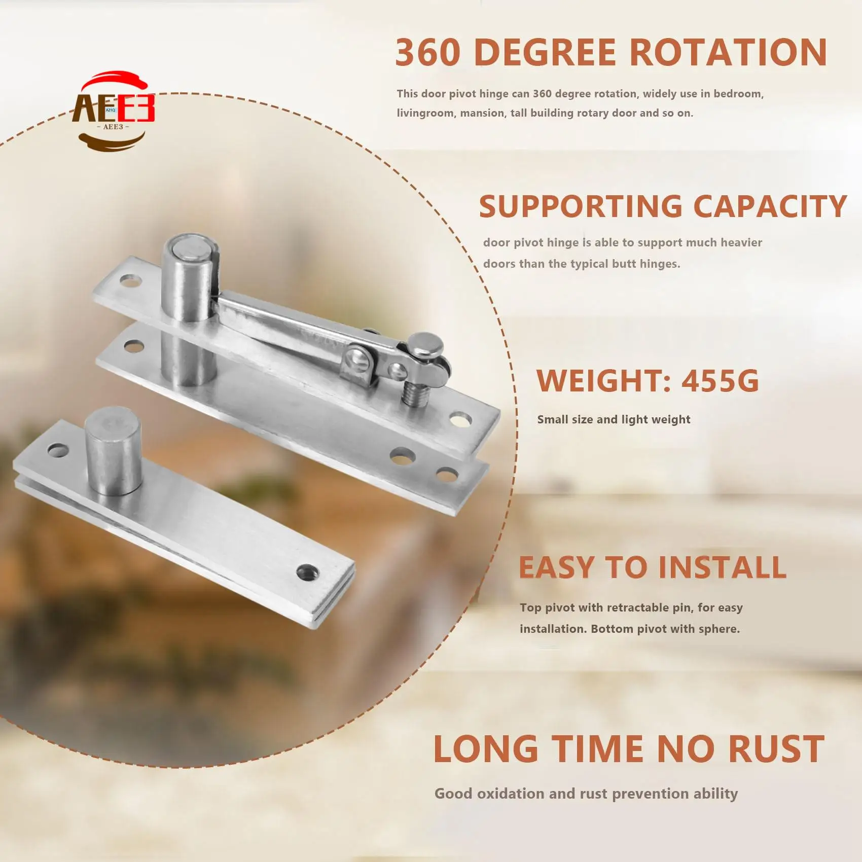 AEE3-Stainless Steel Pivot Door Hinge Heavy Duty Pivot Hinge For Wood Doors 360 Degree Shaft Stainless Steel Murphy Door Pivot H
