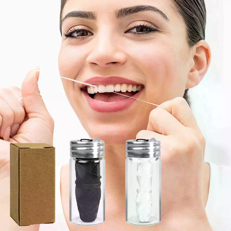 30m Vegan Biodegradable Bamboo Charcoal Dental Floss with Refillable Glass Holder Mint Flavored Tiny Floss