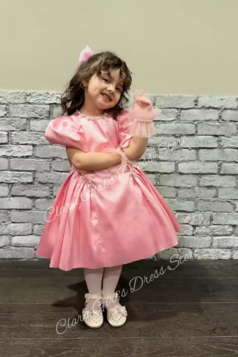 Rosa Perlen-Geburtstagspartykleid für Mädchen, kurzärmelig, A-Linie, Prinzessin, Blumenkleid, Kinderpartykleid, anpassbar