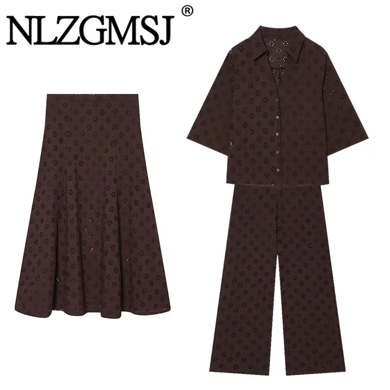 Nlzgmsj 2026 Summer Elegant Brown Embroidered Set V Neck Collared Blouse & High Waist Pants & A Line Skirt Casual Suit for Women