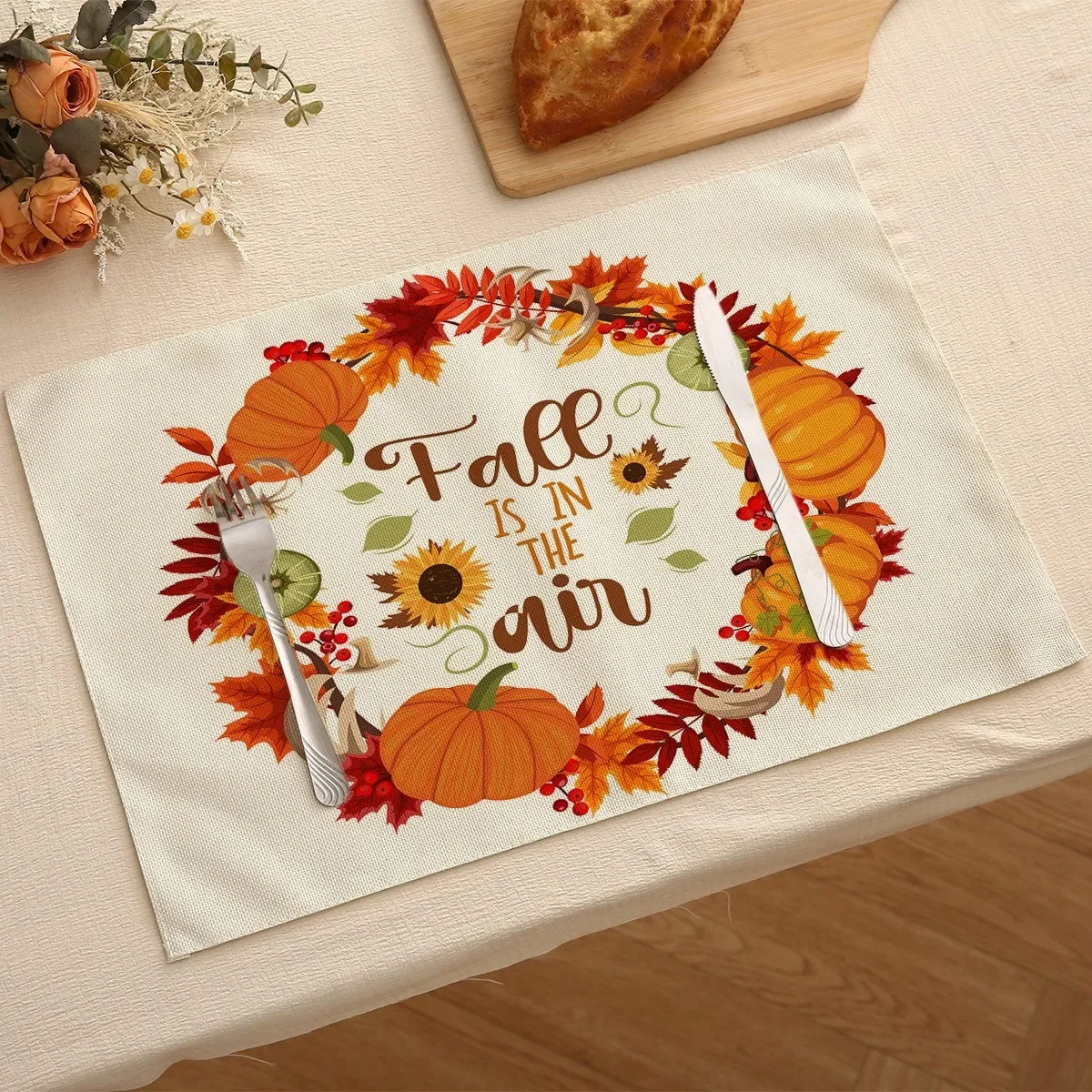 Hot Sale Fall Pumpkin Thanksgiving Maple Leaf Decor Linen Cloth Placemat for Dining Room Kitchen Decoration