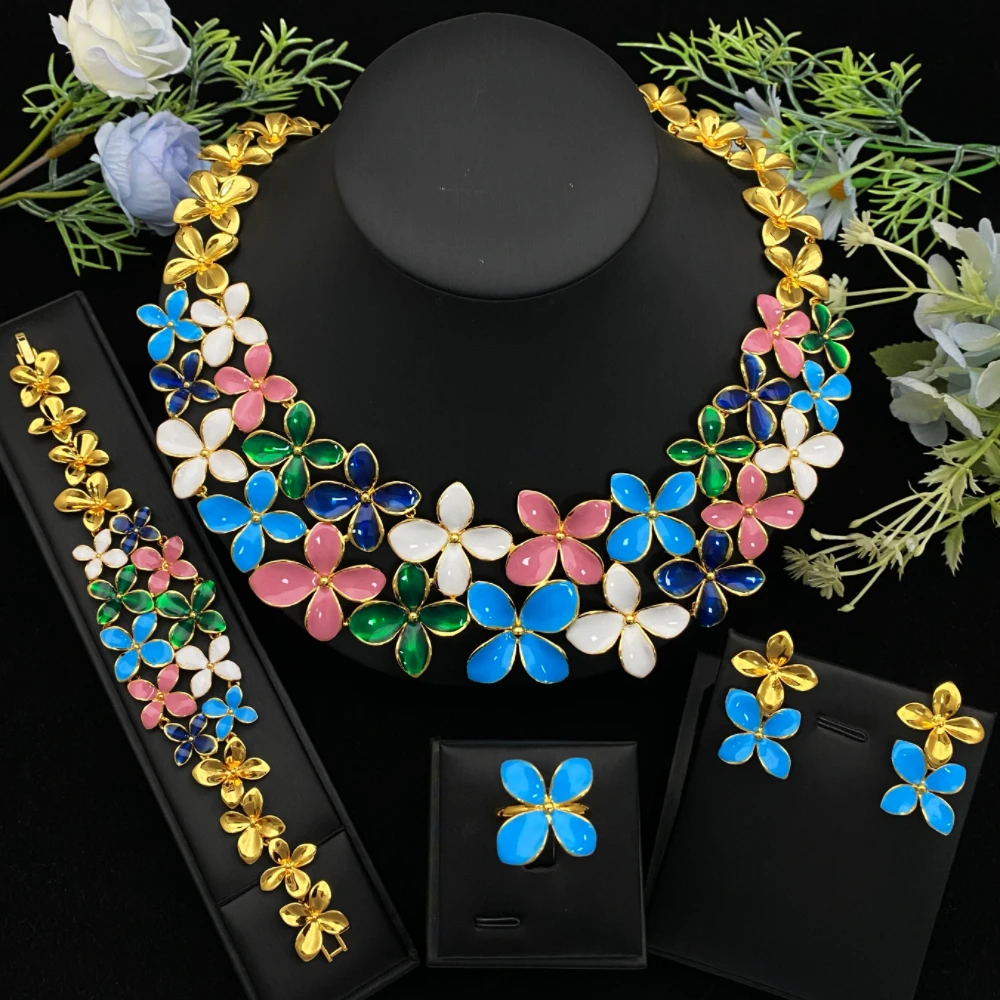 

JRH High-end Gold Plated Drop Oil Floral Necklace Earrings Bracelet Ring Set Elegant Party Date Jewelry for Women