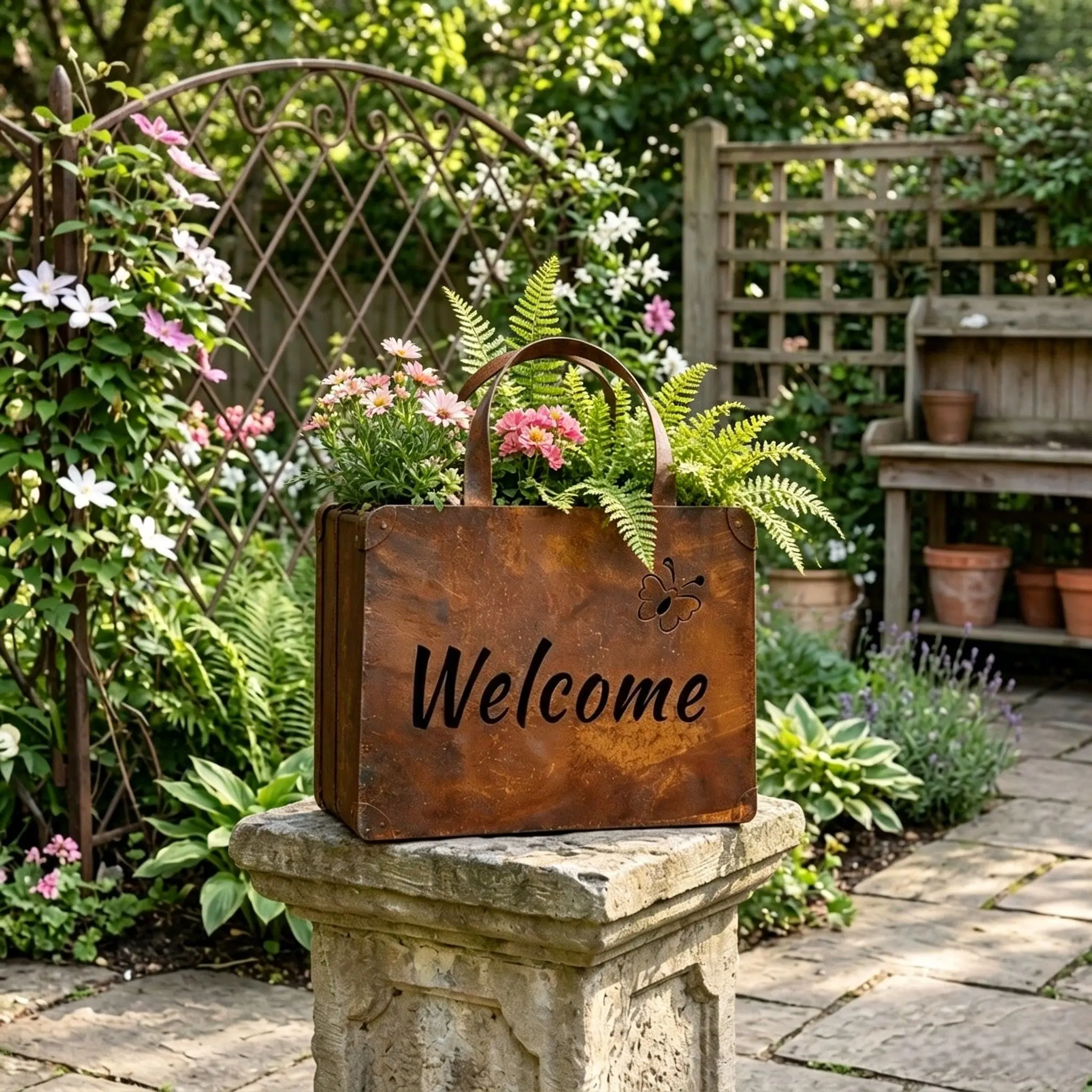 Rust-Resistant Metal Flowerpot with Hello on Front Welcome on Back and Delicate Butterfly Silhouette for Outdoor Spaces