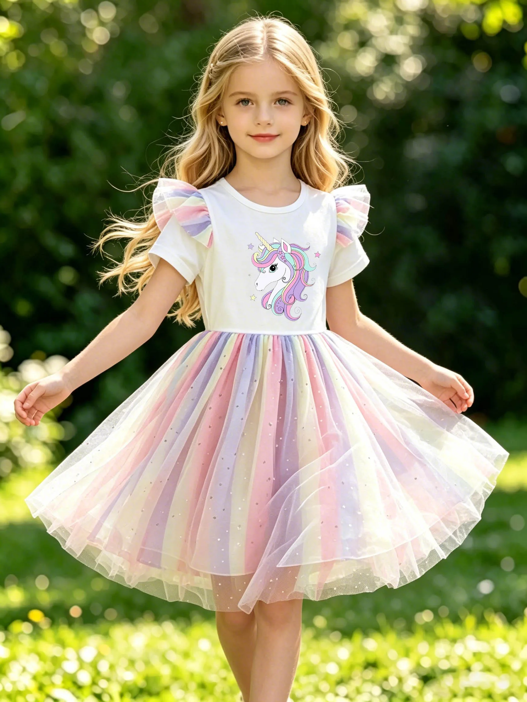 Girls' star unicorn rainbow tulle dress! Rainbow flutter sleeves + gradient glitter full skirt,
