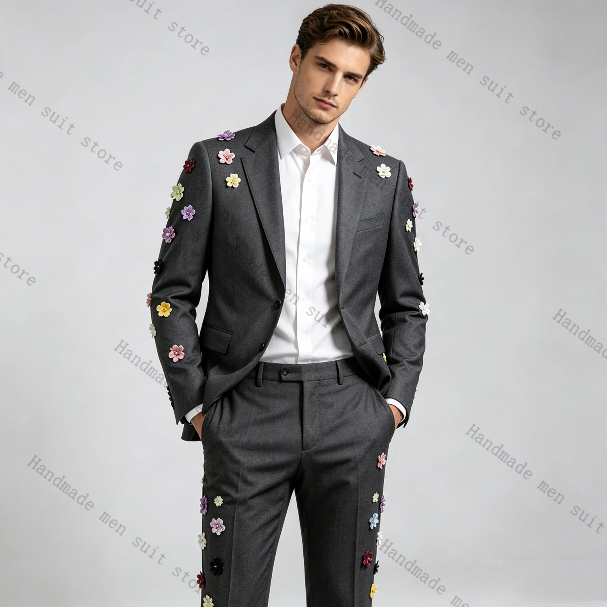 Grey Men Suit Set 2 Piece Blazer+Pants 3D Flower Cotton Prom Wedding Tuxedos Coat Customized Formal Office Fashion Jacket