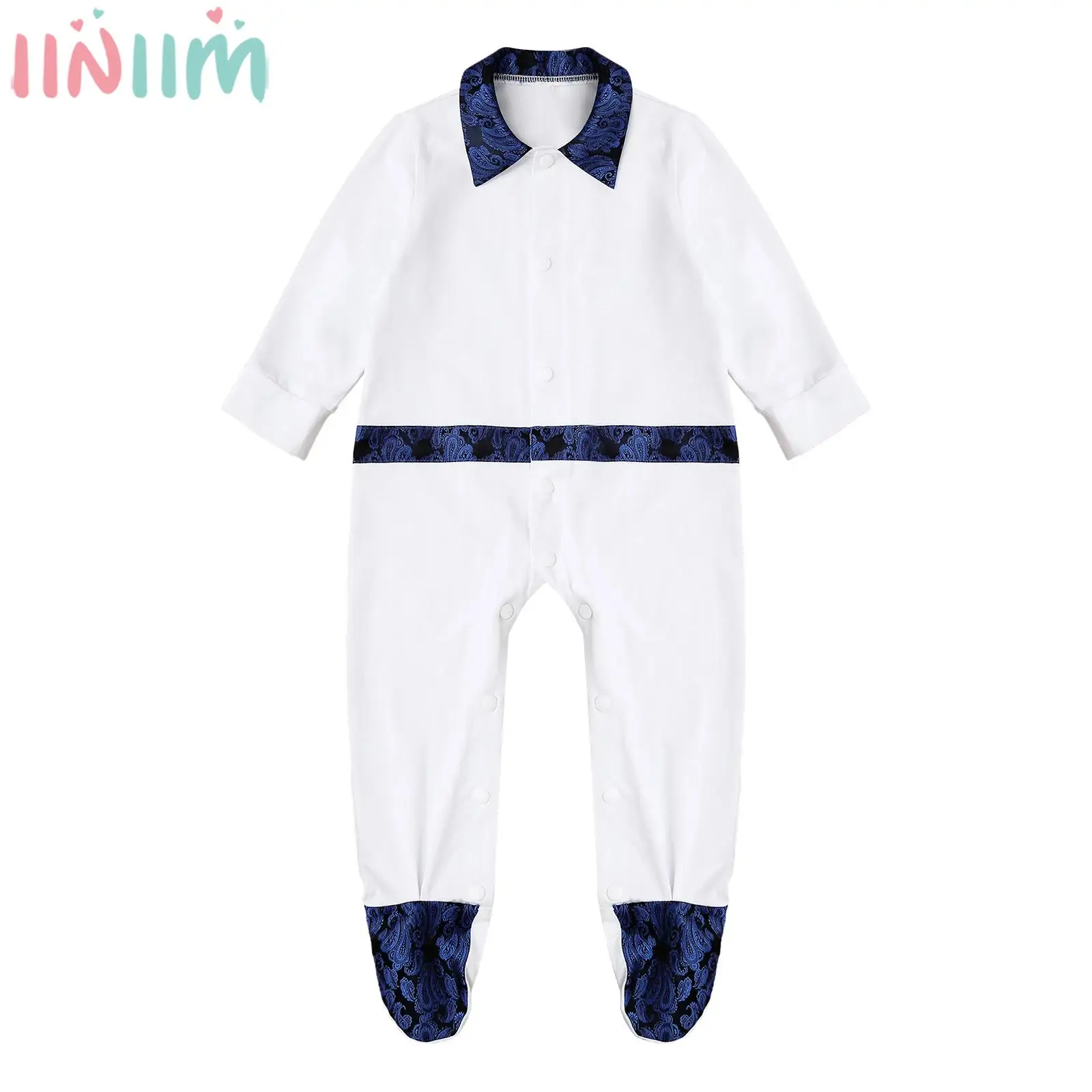 

Baby Boys Christening Footies Romper Baptism Wedding Party Photography Costume Long Sleeve Jacquard Gentlemen Footed Jumpsuit