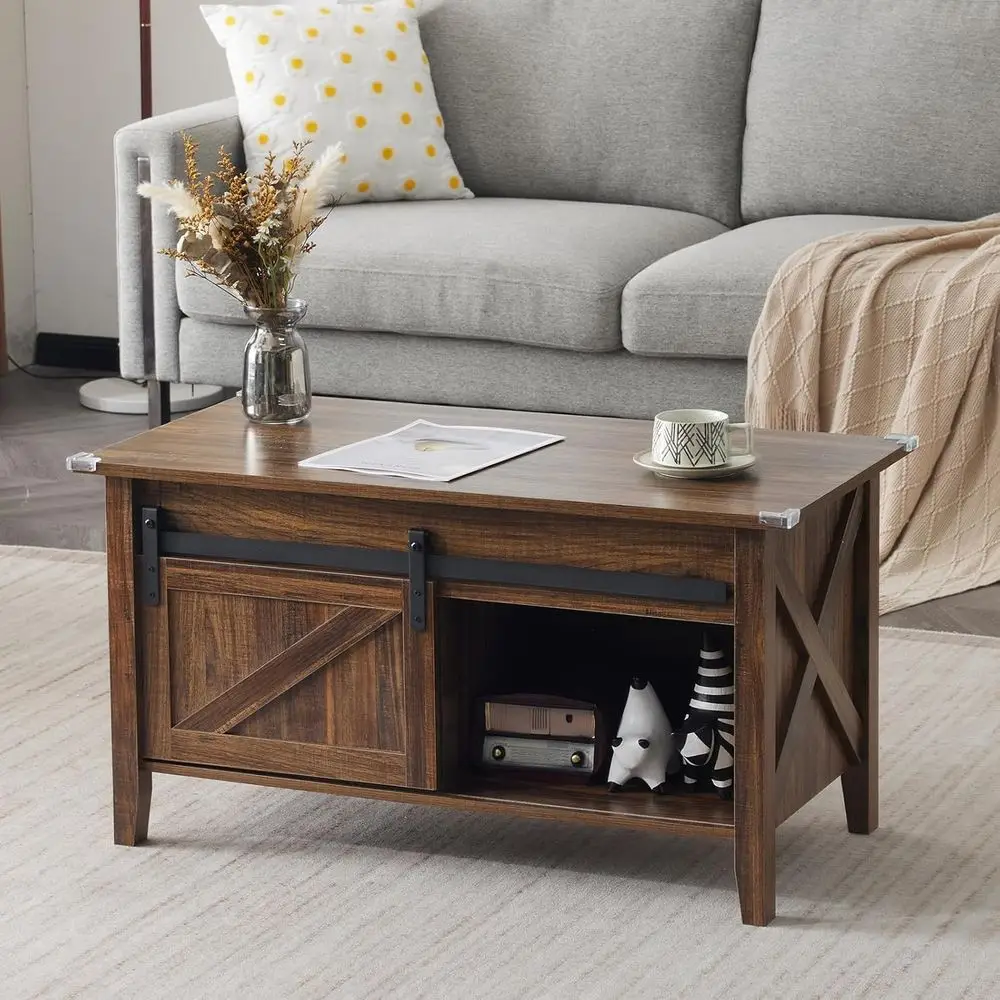 Rustic Grey Lift Top Coffee Table with Storage Shelf and Hidden Compartment, Espresso Brown, 36 Length
