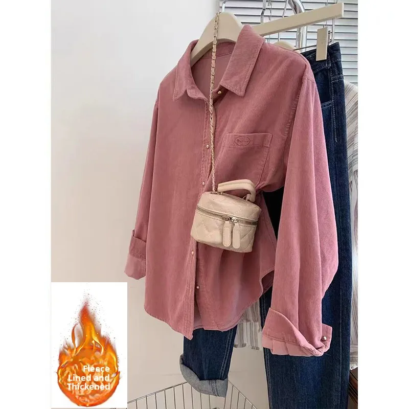 

Korean Sle Fce Lined Thi Corduroy irt Jaet Women Long Sve Autumn Winter New Age Reducing Loose Small Figure Top