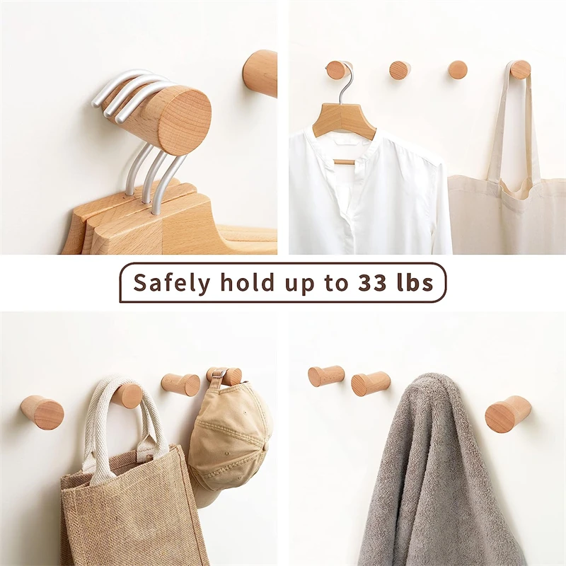 4/6PCS Wall Mounted Hanging Hooks Set Natural Wooden Coats Bags Hats Hanger with Screws Home Decoration