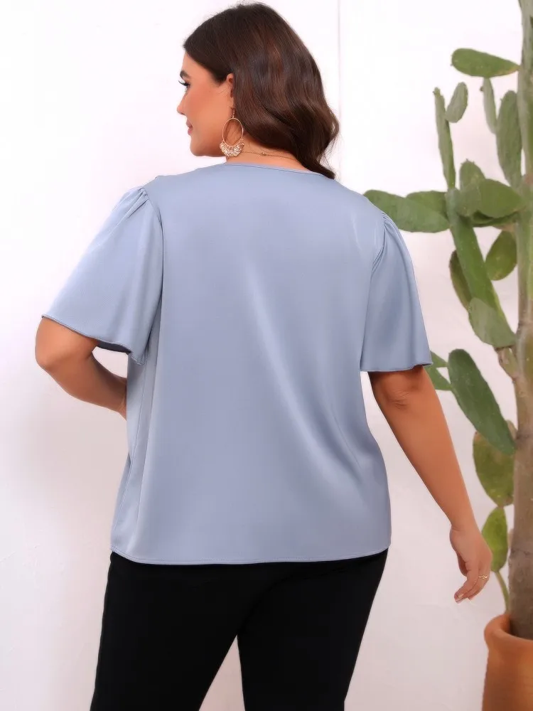 المرأة حجم كبير L-4XL عادية تي شيرتات قصيرة الاكمام حجم كبير 3XL الساتان الدانتيل بلوزة ملابس النساء المتضخم الربيع الصيف