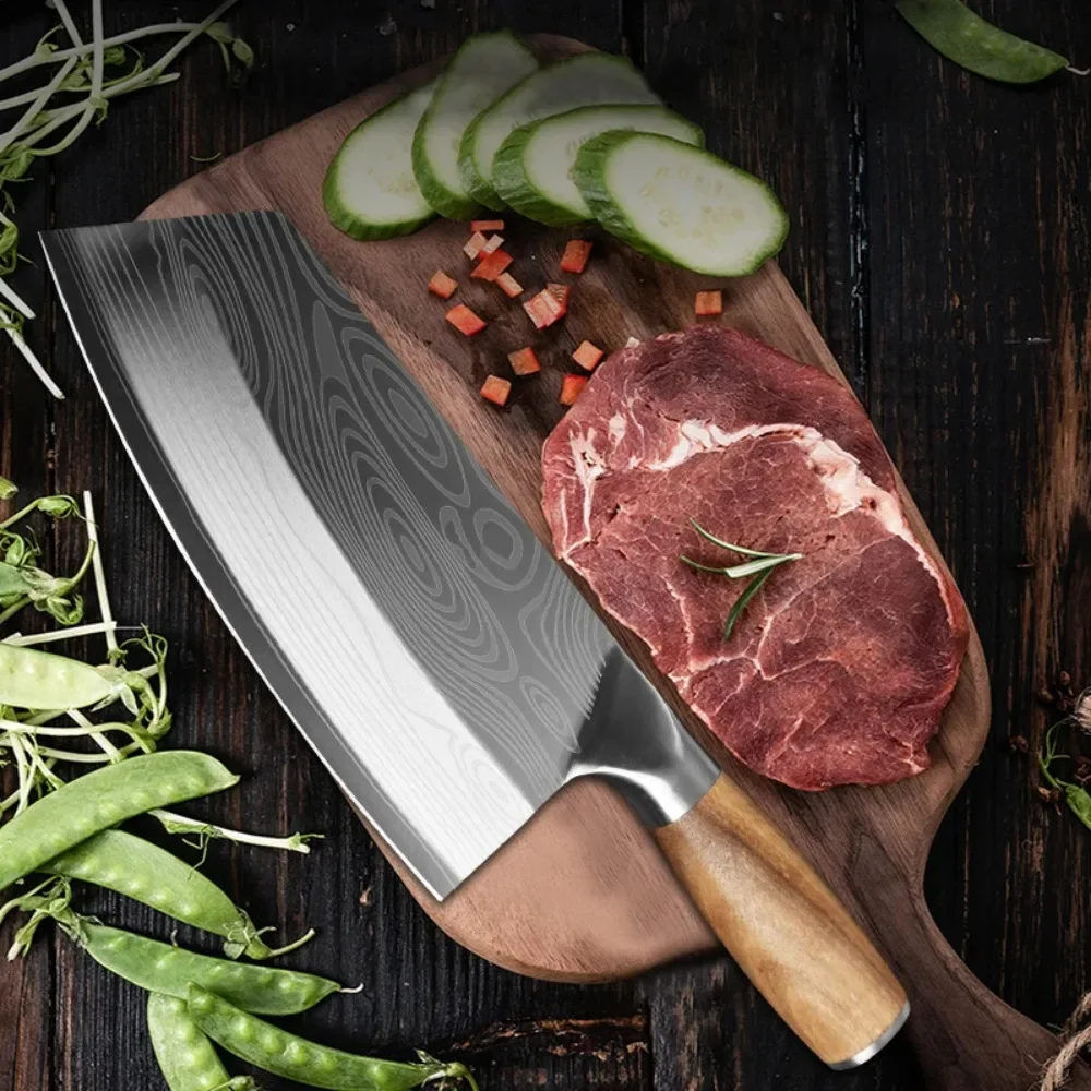 High Quality Kitchen Cleaver Knife 4Cr13 Stainless Steel Chef Slicing Knives Laser Damascus Vein Cooking Knife 7.8