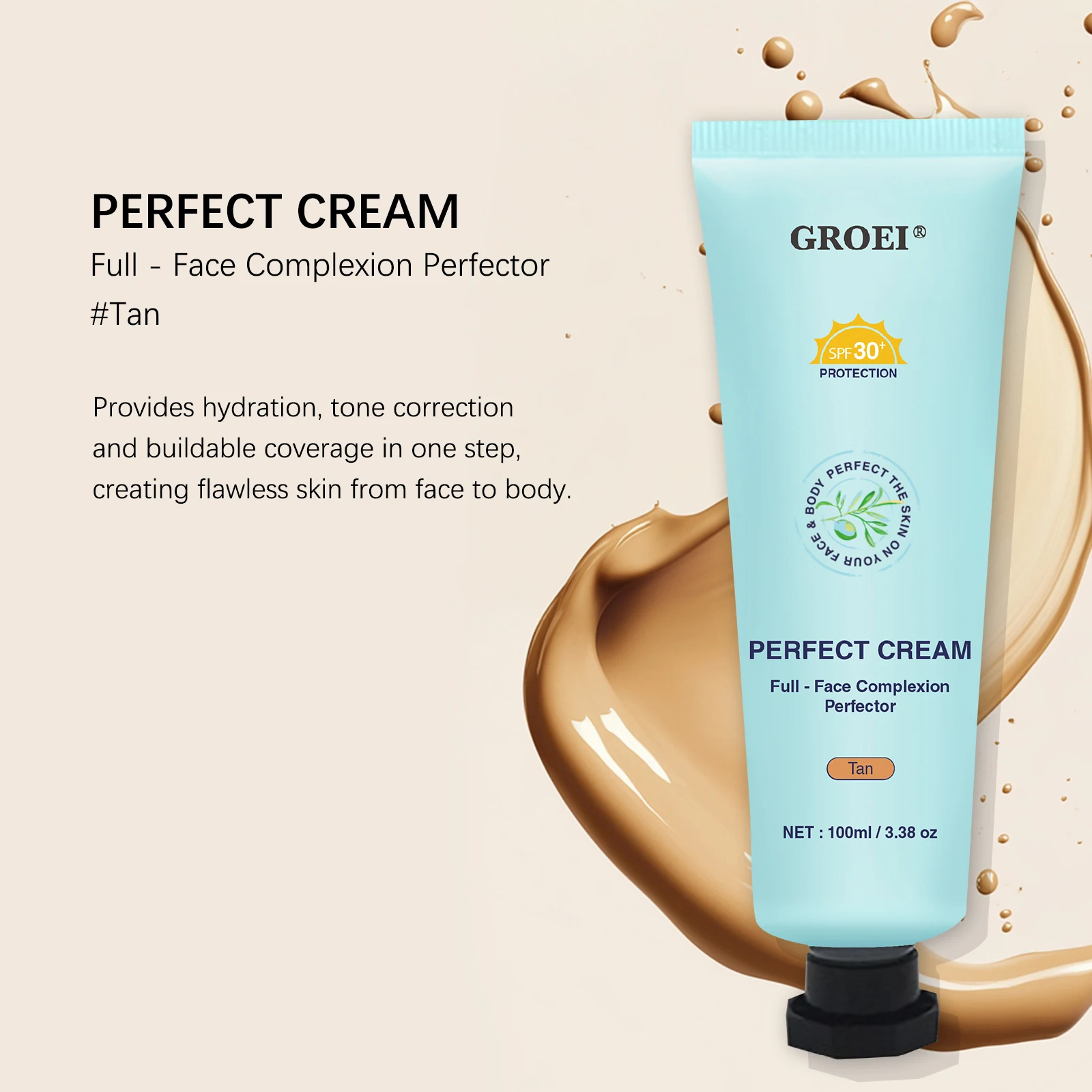 GROEI 3-in-1 100 ml Perfect Cream Light/Medium/Tan/Rich, Korrektor für Gesicht und Körper, wasserfeste SPF30 BB-Flüssigkeit für alle Hauttypen