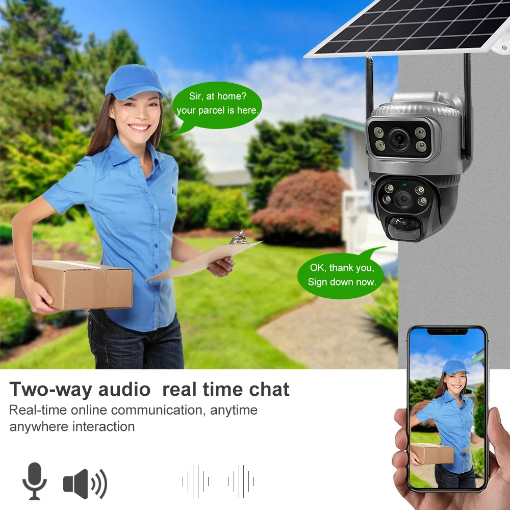 4MP Solar Camera Outdoor Dual Lens Dual Cameras Two Way Audio HD Night Vision Wireless Mobile Remote Monitor Built-in Battery